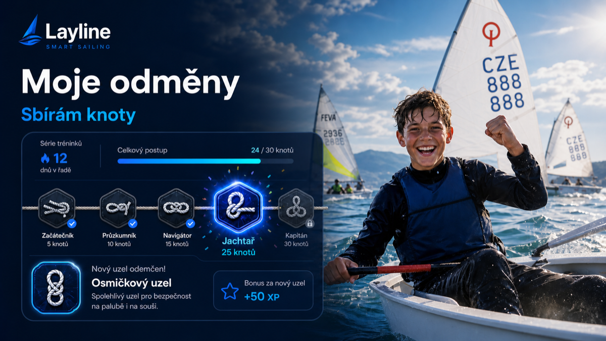 My rewards — Collecting knots: training streak, overall progress and knot badges; a young sailor celebrates in an Optimist.